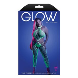 FANTASY LINGERIE GLOW Adult Toy High Voltage High Neck Bodystovling & G-String Panty Size QUEEN GL2138 NEON GREEN
