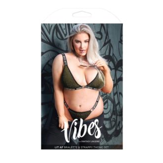 FANTASY LINGERIE VIBES Adult Toy BO$$ BITCH Bra & Thong Panty Set Size QUEEN AF910 BLACK/GOLD