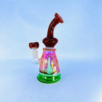 Waterpipe 7" Bent Neck Fumed With Horn and Inline Perc Brown and Green