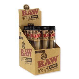 Raw Dlx Glass Tip Hand Rolled King Size Cones - 12 Count Per Display