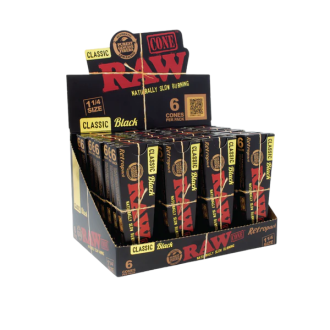 Raw Black Classic Retro Cones - 1 1/4 Size - 6 Counts Per Pack - 32 Packs Per Box