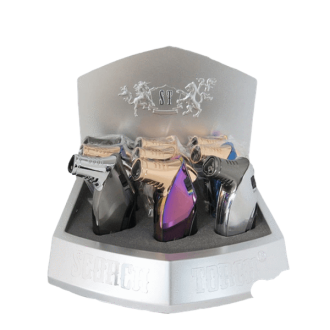 Torch Scorch 3t Triple Flame Lighters 45 degree With Cigar Punch - Assorted Color - 9 Per Display