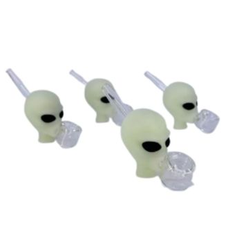 Handpipe 4 Inch Silicone With Glass - 4 Per Pack - Alien Head Glow in the Dark