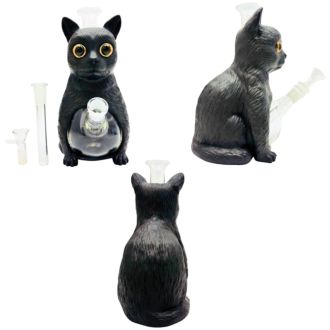 WPYHS120 WATERPIPE 9" SILICONE+GLASS TABBY CAT BLACK  (H497-A)